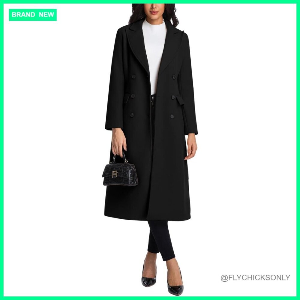 Long Wool Blend Pea Coat with Notch Lapel and Double Breasted Closure